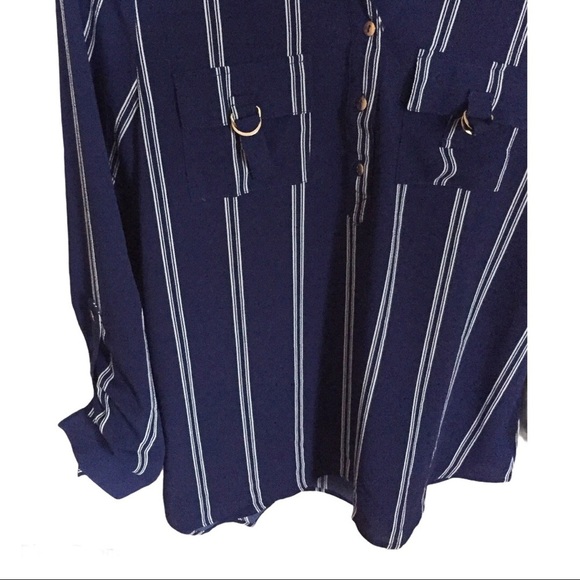 MINE Pinstripe Button Down Blouse With Adjustable Sleeve Length Navy Blue Size M - Picture 7 of 10